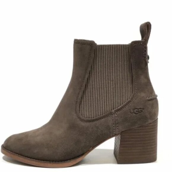 UGG Faye Suede Ankle Boots Booties Brown Leather Suede Chunky Heel Size 10 - Picture 1 of 16
